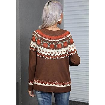 トップス SOL x FUC All around Knit Sweater(Brown) CHICWISH Women Pumpkin Print Long Sleeves Knit Sweater